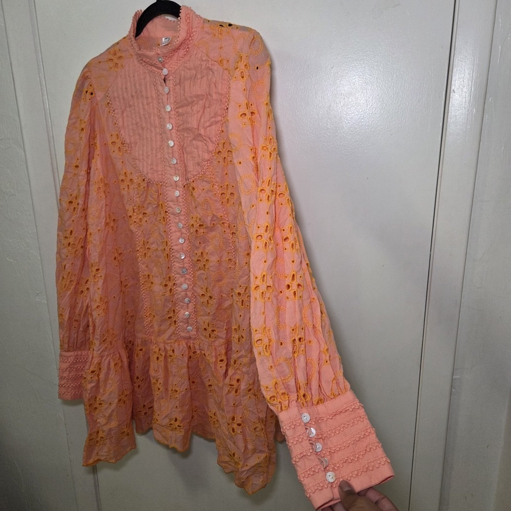 Women Lace Eyelet Ruffle Hem Boho Cottagecore Cotton Tunic Dress XL